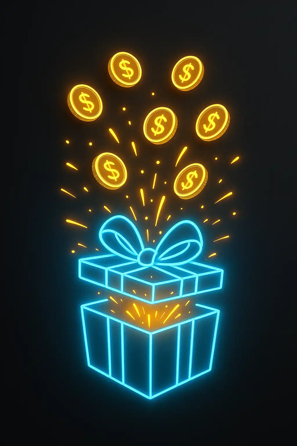 Glowing neon blue bonus coins and gift box over a graphite background