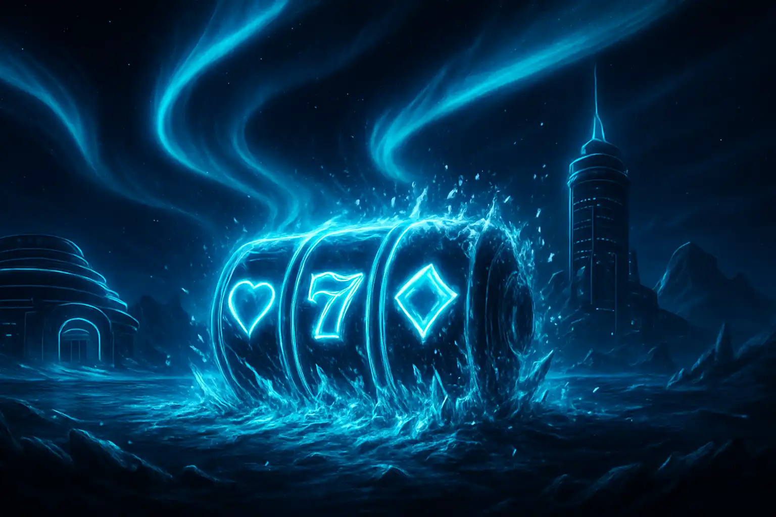 Neon blue northern lights glowing over a frosty casino reel scene